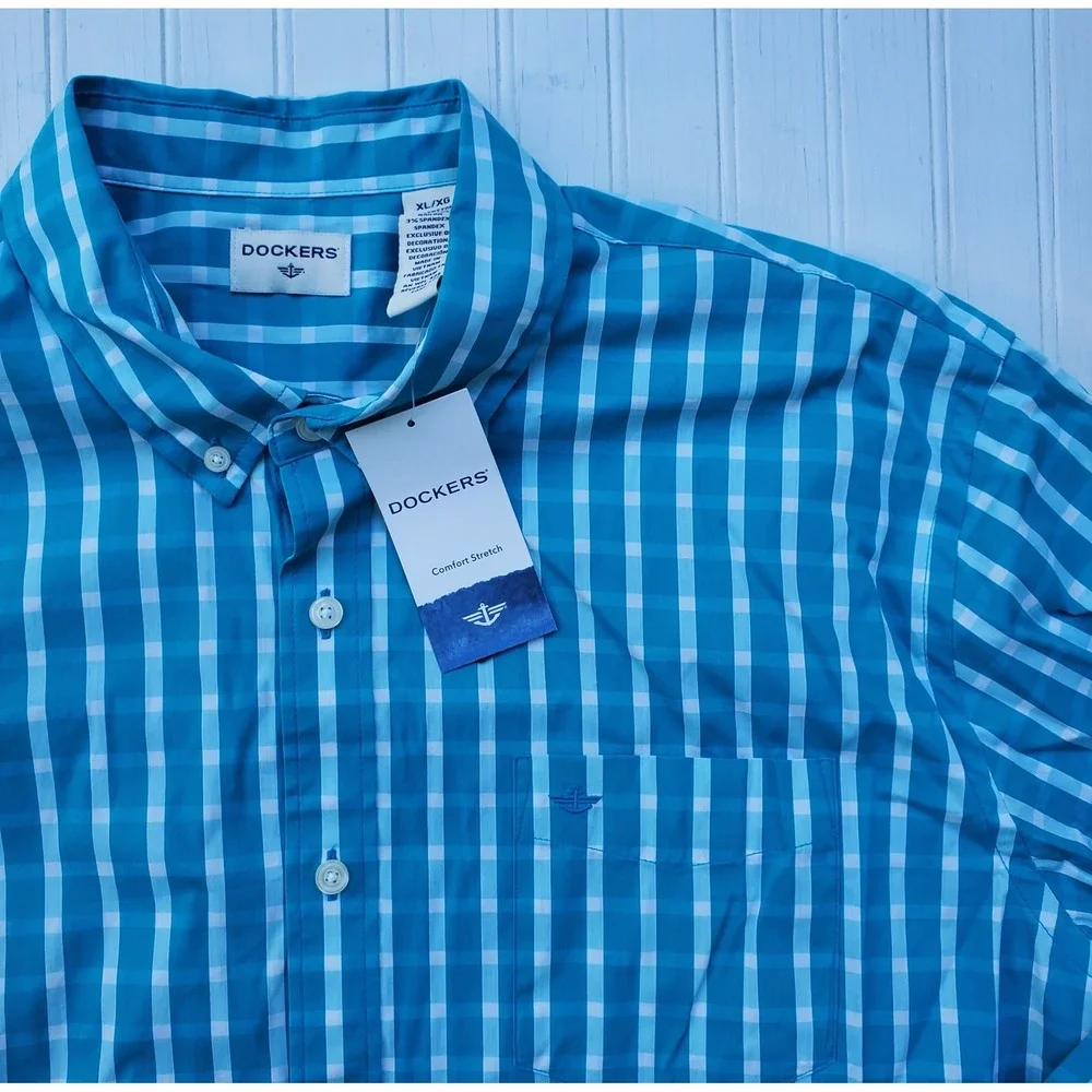 Dockers Mens Blue Teal Comfort Stretch Button Down Shirt XL Long Sleeve New